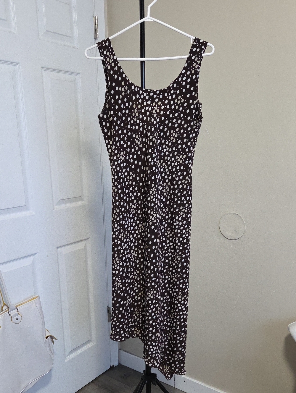 Jessica Brown and Cream Polka Dot Midi Dress